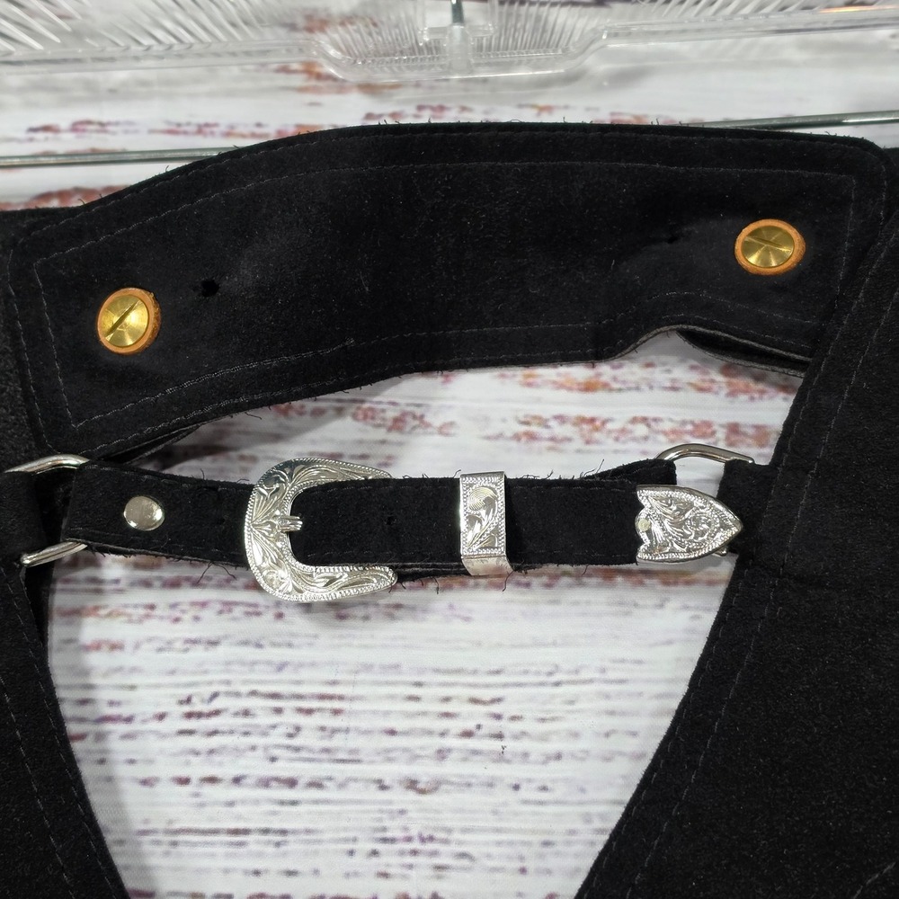 Hobby Horse Show Chaps Womens Medium Black Good Ultrasuede Fringe Western Riding - Picture 10 of 16